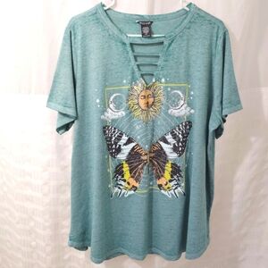 Wild Kiss Butterfly T-shirt Top Teal Sun Moon Celestial V-neck Strip Neckline